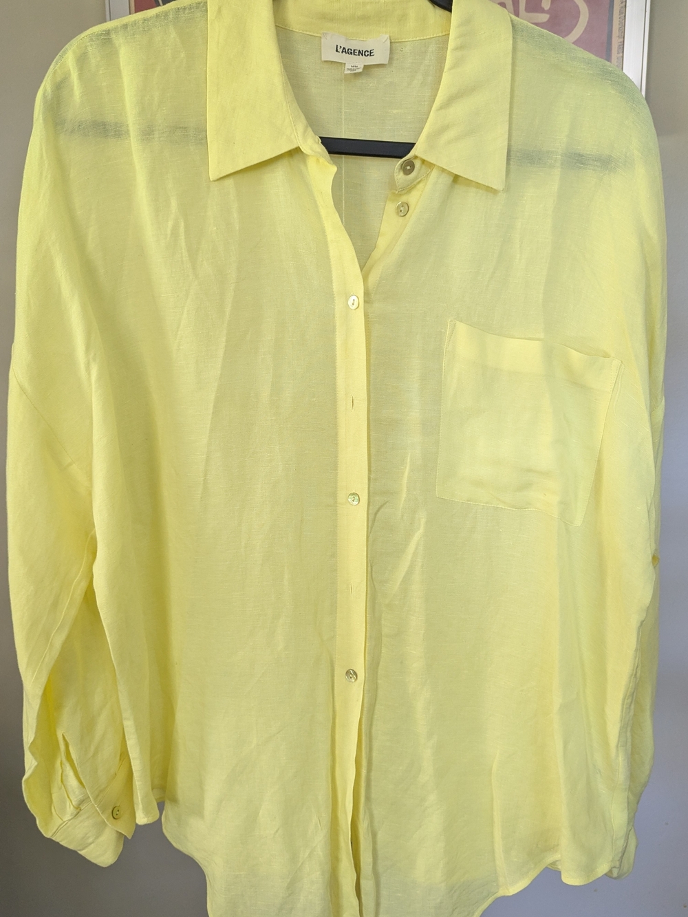 $60 L'AGENCE Size M Ryan Linen Oversized Button Down Blouse Yellow EUC